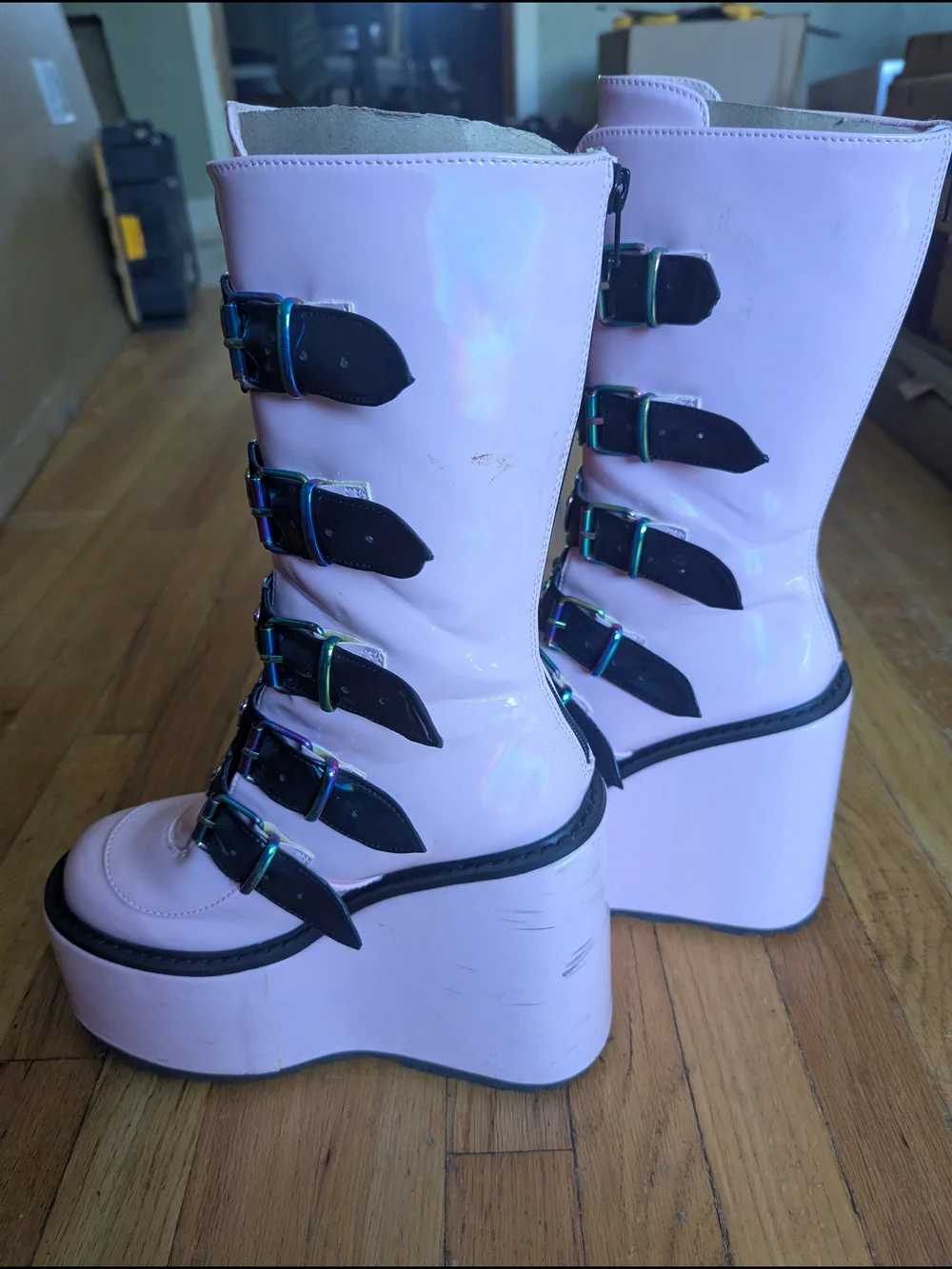 Demonia Rareish FashioNation Collab Pink Heart-Buckle Platform Boots